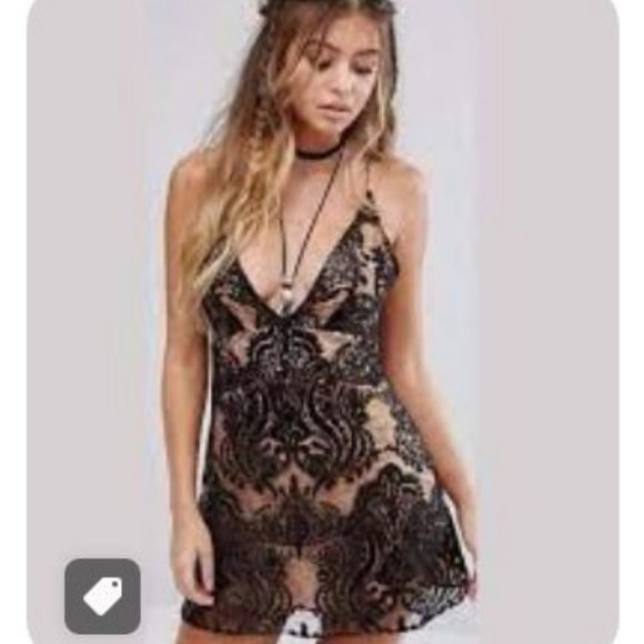 Free People Dresses & Skirts - NWT Free People Night Shimmer Sequin Mini Dress Black Lace Nude Slip Size 12.